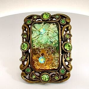 Vintage Green Blue Rhinestone Ring Huge Molded Flower Center